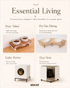 MUCAT Essential Living โต๊ะอาหารแมว ตู้ห้องน้ำแมว และที่นอนแมว