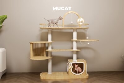 คอนโดแมวไม้หลายชั้นพร้อมจุดวางชามอาหาร MUCAT
