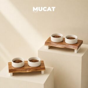 โต๊ะอาหารแมวไม้ยกสูง MUCAT พร้อมชามเซรามิกสีขาวสองใบ