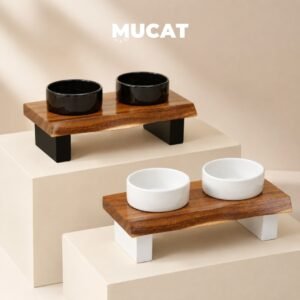 โต๊ะอาหารแมวไม้แท้ MUCAT พร้อมชามเซรามิกสีดำและสีขาว