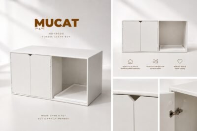 ตู้ห้องน้ำแมวสีขาว MUCAT มุมมองรอบด้าน