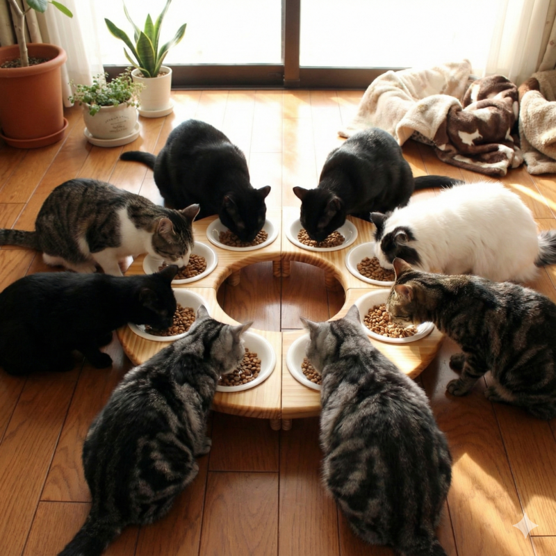 แมวหลายตัวกินอาหารพร้อมกันบนโต๊ะอาหารแมวไม้ MUCAT