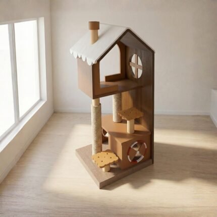 MUCAT Christmas คอนโดแมวไม้ทรงบ้านหิมะพร้อมปล่องไฟ สูง 150 ซม.