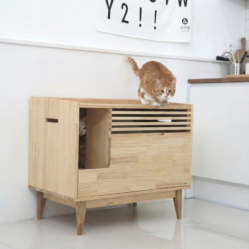 ตู้ครอบห้องน้ำแมว MUCAT Nordic Clean Box งานไม้ระแนงระบายอากาศ ช่วยเก็บกลิ่น