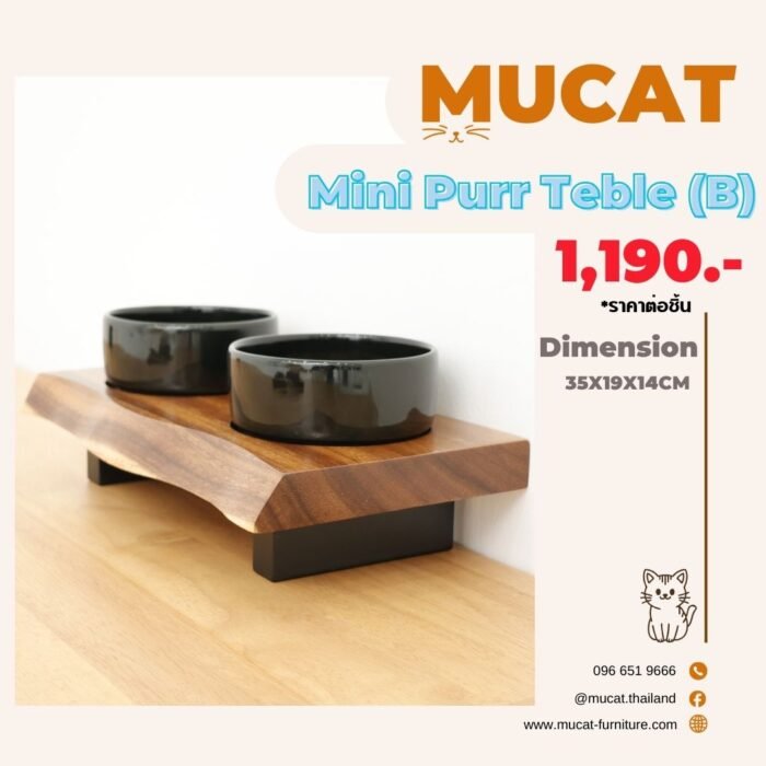 MUCAT Purr Table – โต๊ะอาหารแมวไม้แท้ขอบธรรมชาติ พร้อมชามคู่เซรามิก - Image 4