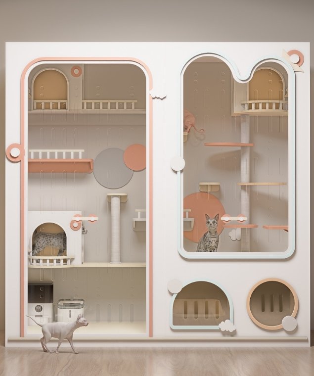 ตัวอย่างการออกแบบผังห้องพักโรงแรมแมว จัดสรรพื้นที่แนวตั้งและโซนวิ่งเล่น
